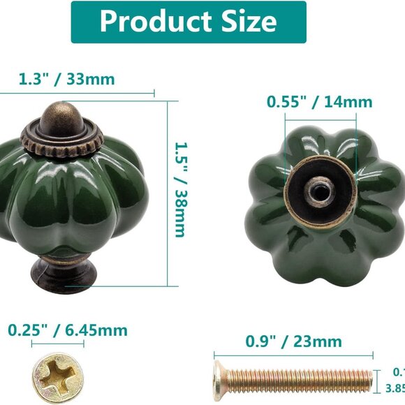 25pcs Dark Green Pumpkin Knobs, Vintage Ceramic Cabinet Handles, Dresser Drawer - Picture 3 of 8